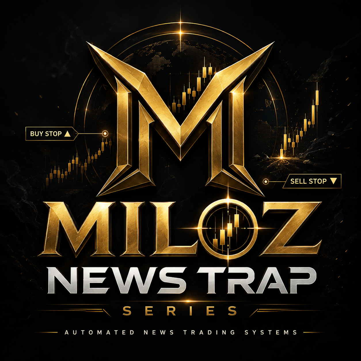 Logo MILOZ NEWS TRAP SERIES berwarna emas dan putih dengan grafik trading